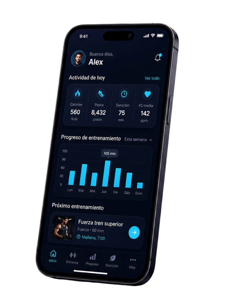 Interfaz de la aplicaci&oacute;n m&oacute;vil de LoyFit mostrando el progreso de entrenamiento, calor&iacute;as y rutinas personalizadas.