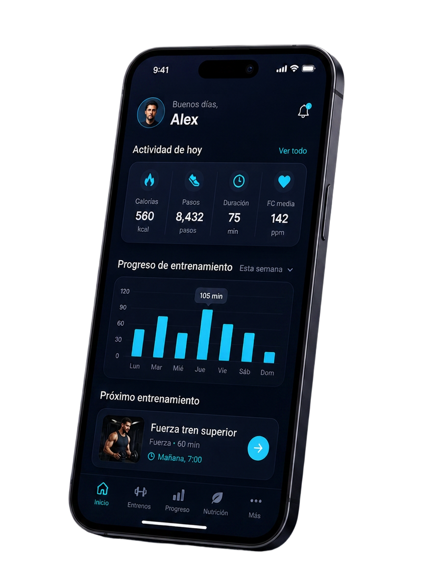 Interfaz de la aplicaci&oacute;n m&oacute;vil de LoyFit mostrando el progreso de entrenamiento, calor&iacute;as y rutinas personalizadas.