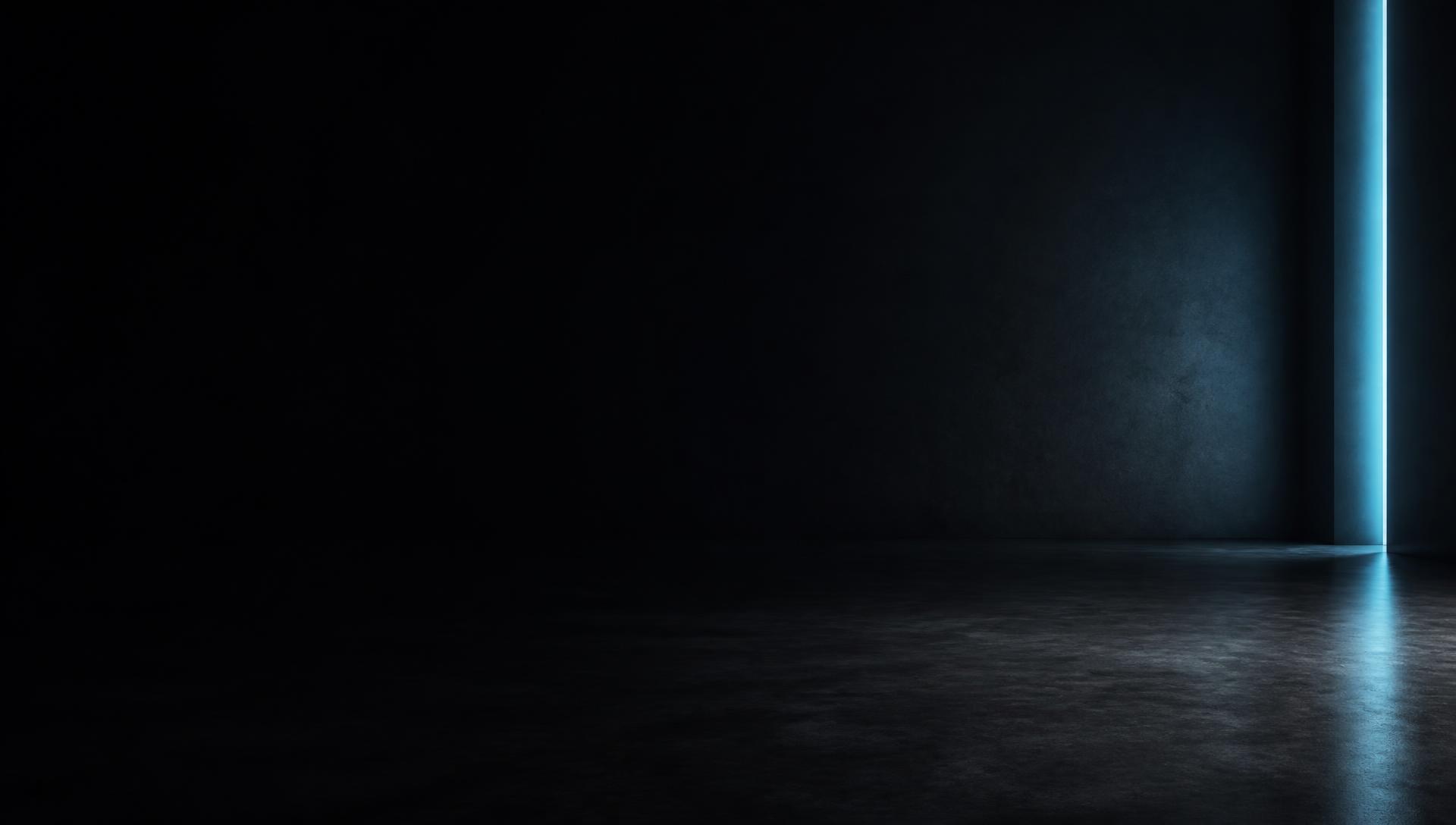 Espacio de gimnasio oscuro y minimalista con una columna de luz ne&oacute;n azul a la derecha.