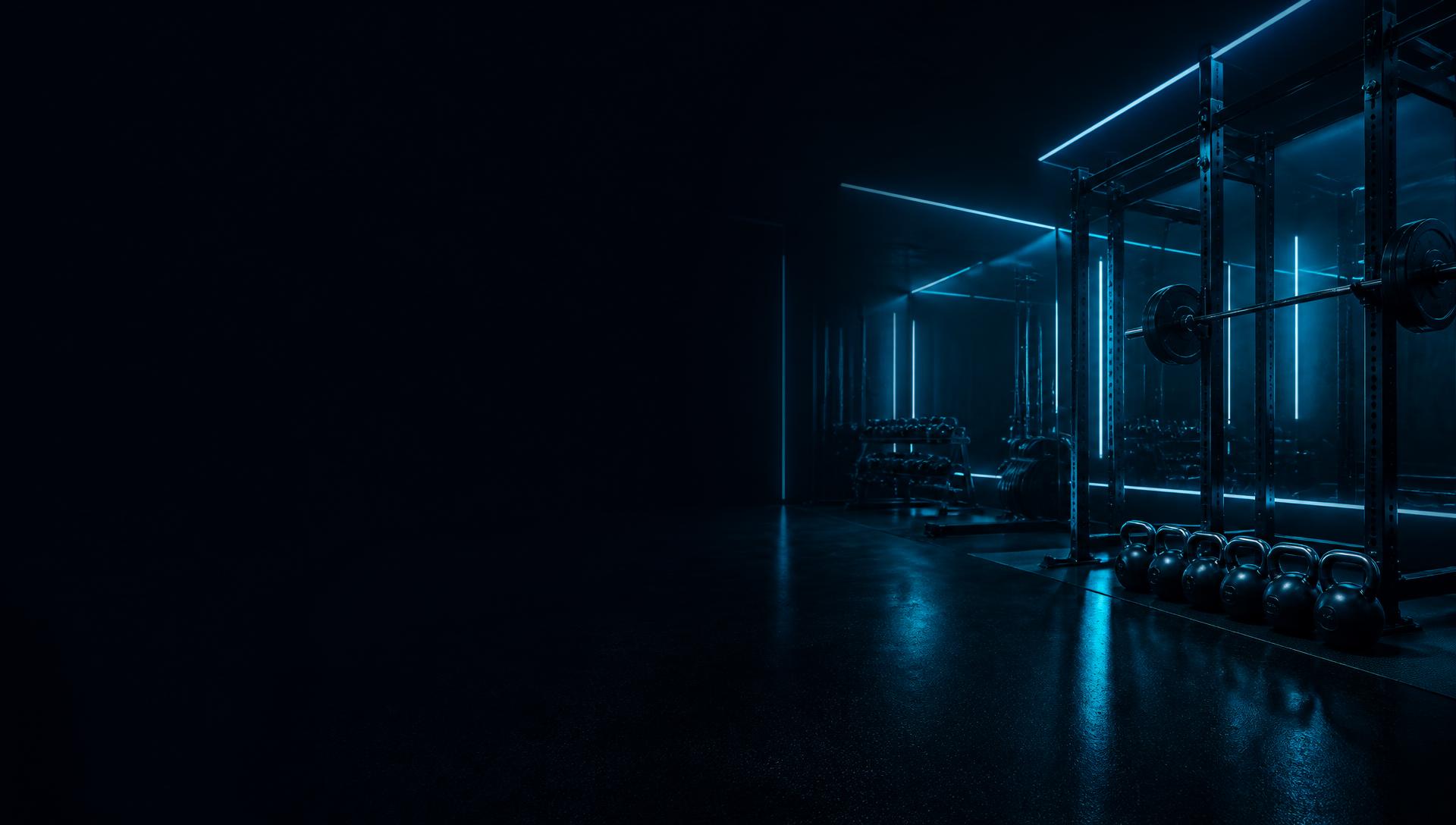 Fondo oscuro de gimnasio con iluminación neón azul, espacio libre a la izquierda y equipamiento de fuerza.