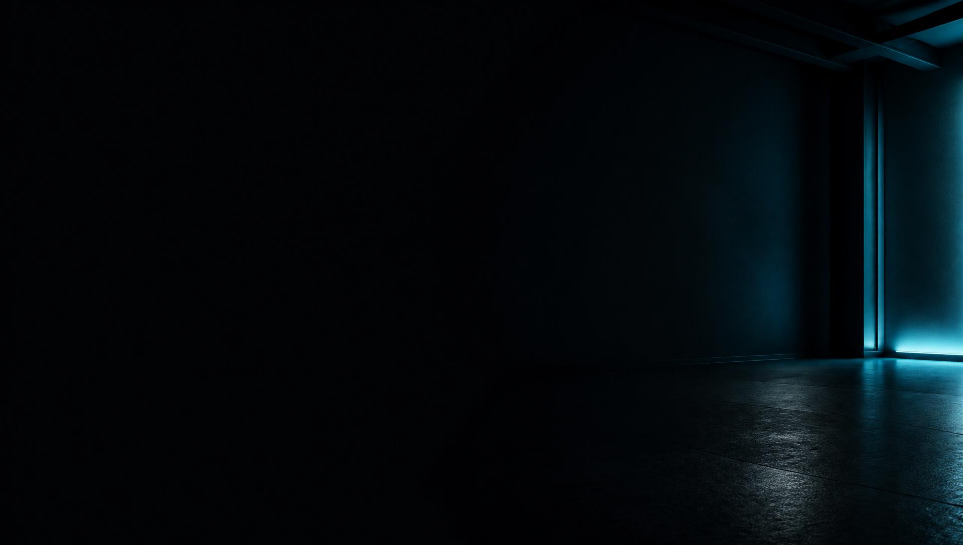 Fondo de estudio oscuro con un marco de ne&oacute;n azul a la derecha y espacio para texto a la izquierda.