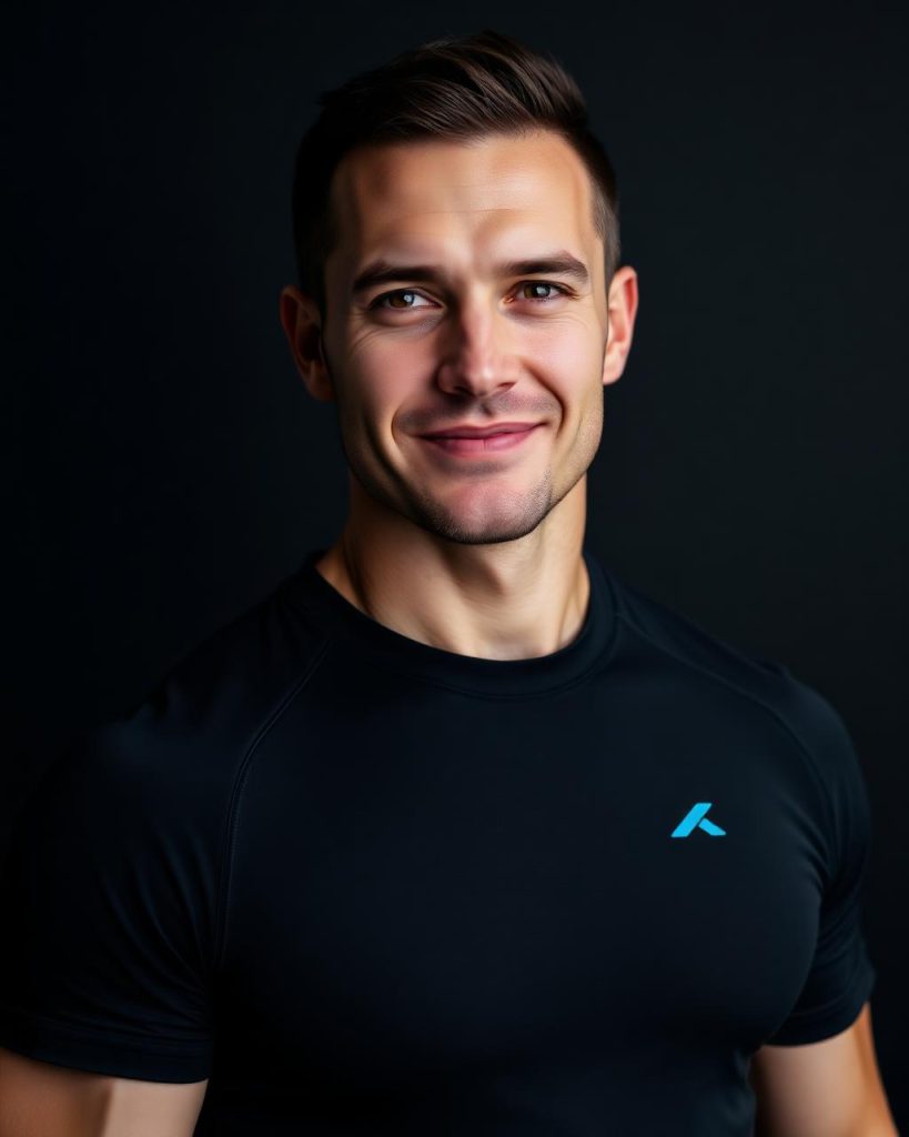 Retrato de Loya, entrenador personal y fundador de LoyFit, sonriendo con camiseta deportiva negra.